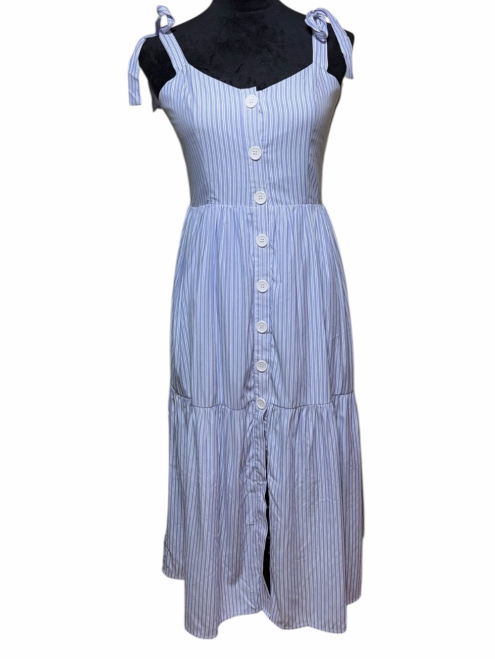 NWT Peach Puff Light Blue & White Striped Tie-Shoulder Button Midi Dress